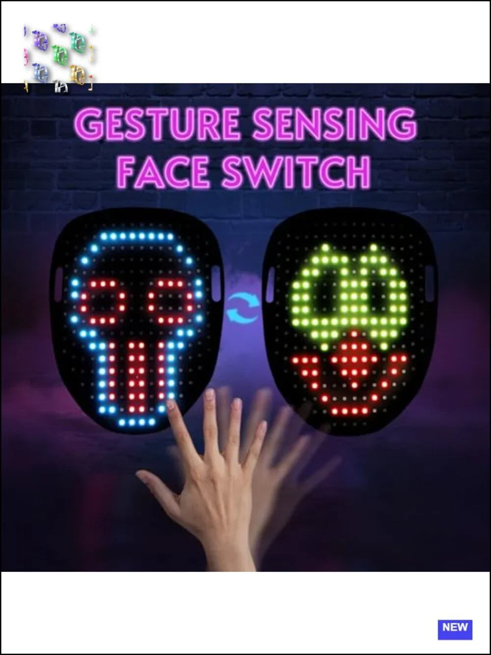 LED Light Up Mask with Gesture Sensing, 50 Patterns, Rechargeable, for Kids &